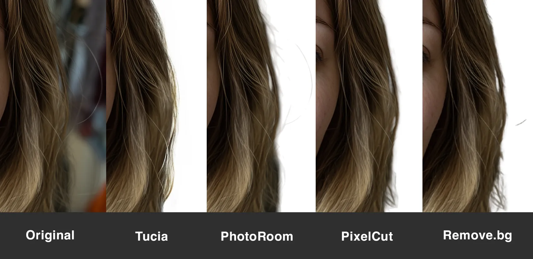 髪の切り抜きの並列比較：オリジナル、Tucia、PhotoRoom、PixelCut、Remove.bg